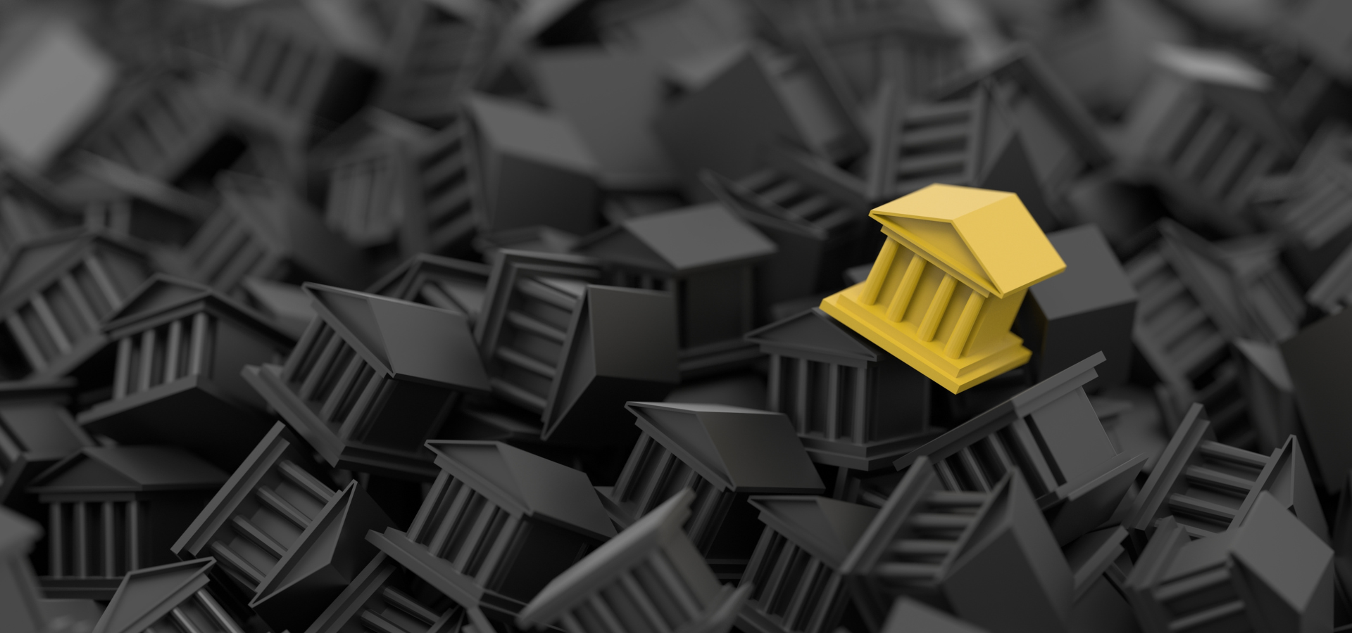 Bright yellow government-style building stands out among uniform black institutions—symbolizing leadership, regulatory clarity, and trusted advocacy in complex financial landscapes.